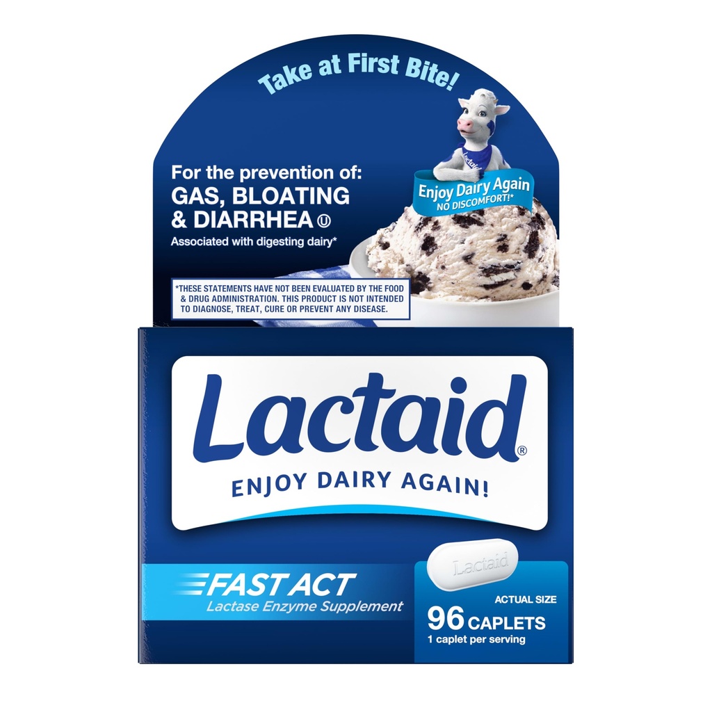 Lactaid Fast Act Lactose Tolerance Caplets with Lactase Enzyme, Dairy Relief from Gas, Bloating & Diarrhea, 9000COM Lactose intolerance Pills, 96 Bireysel Seyahat On-Go Packs (96 x 1 ct)