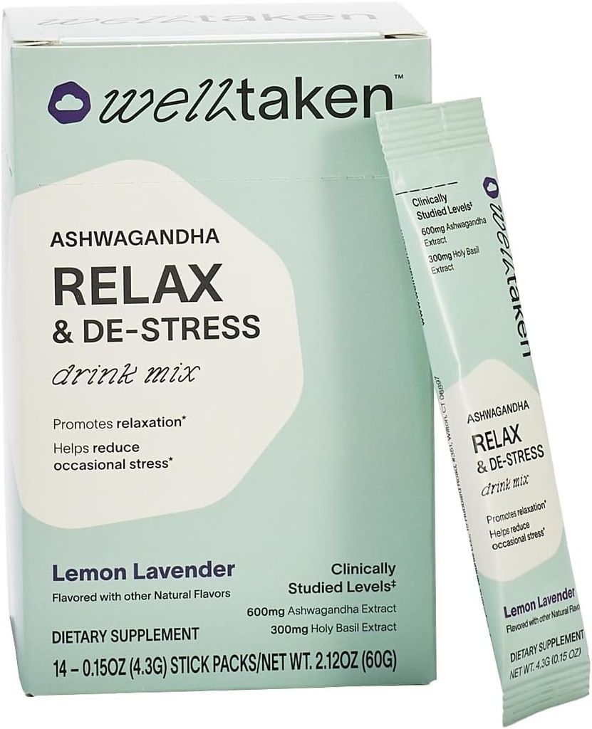 Ashwagandha Relax & De-Stress Toz - Lemon Lavender 14ct Box - 600 mg Ashwagandha, 200 mg L-Theanine, Holy Basil - Destekler Stres, Rahatlama - Vegan, Eklenmedi