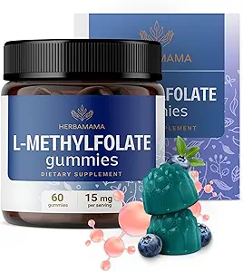 HERBAMAMA L-Methylfolate Gummies - Yetişkinler için 15 mg 5MTHF Calming Supplement - Vegan, Non-GMO Methylfolate (Vitamin B9) Beyin Desteği için - 60 Pectin-Based Blueberry-Flavored Chews