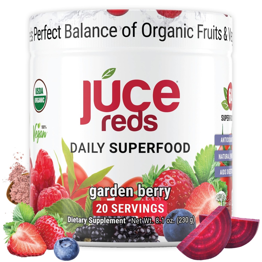 Terra Kai Organics JUCE Reds Organic Superfood Toz - Bahçe Berry Flavor | Meyve ve Veggie Toz Herkes için Boosting Superfood Plus Probiyotiks for Gut Health | 20 hizmet (230g)