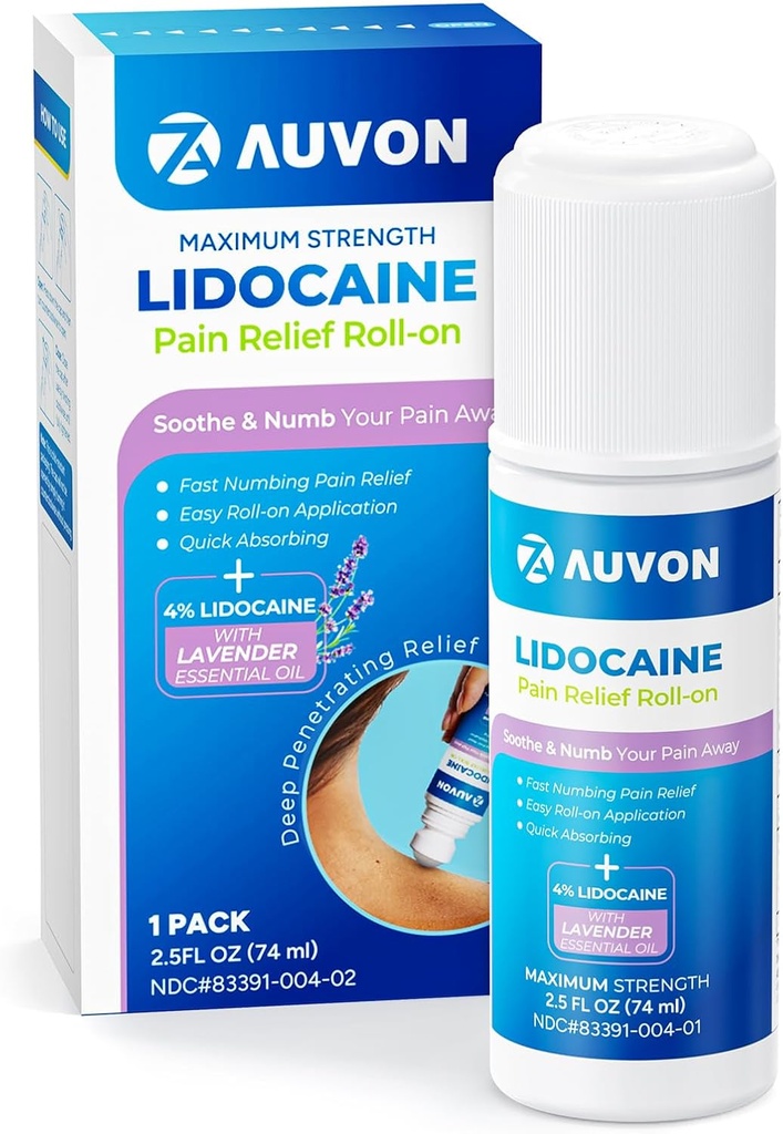 AUVON Lidoka-On with Essential Oil, No Mess Applicator, Max Strength Lidoka,Quick Absorbing to Numb & Soothe Pain Relief for Dizs, Omuzlar, FSA/HSA Elect, Lavender, 2.5 OZ, 1 Packender,