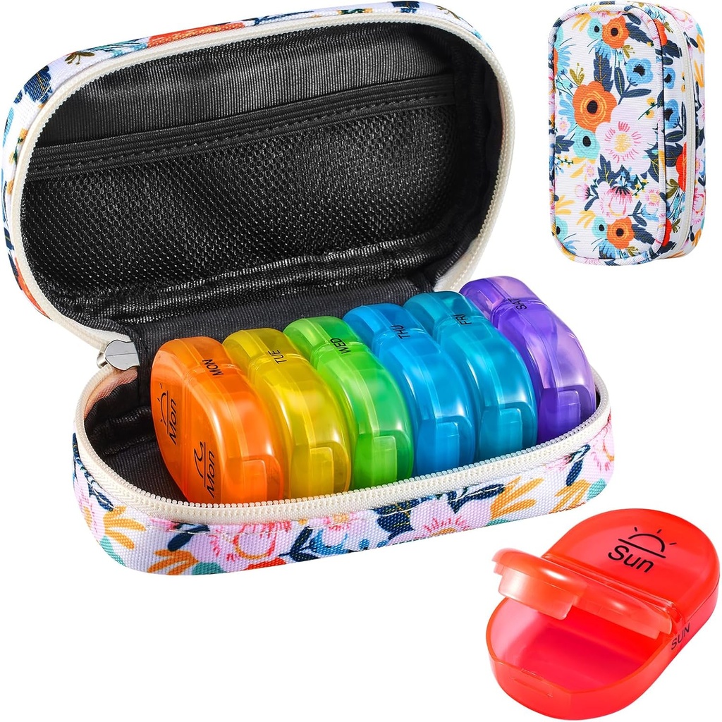 Serfeymi Weekly Travel Pill Organizer 2 Times A Day AM PM Yükseltd Rainbow Pill Box 7 Day with Portatif Hologram Kanları, Vitaminler, Balık Yağları - Bloom 01