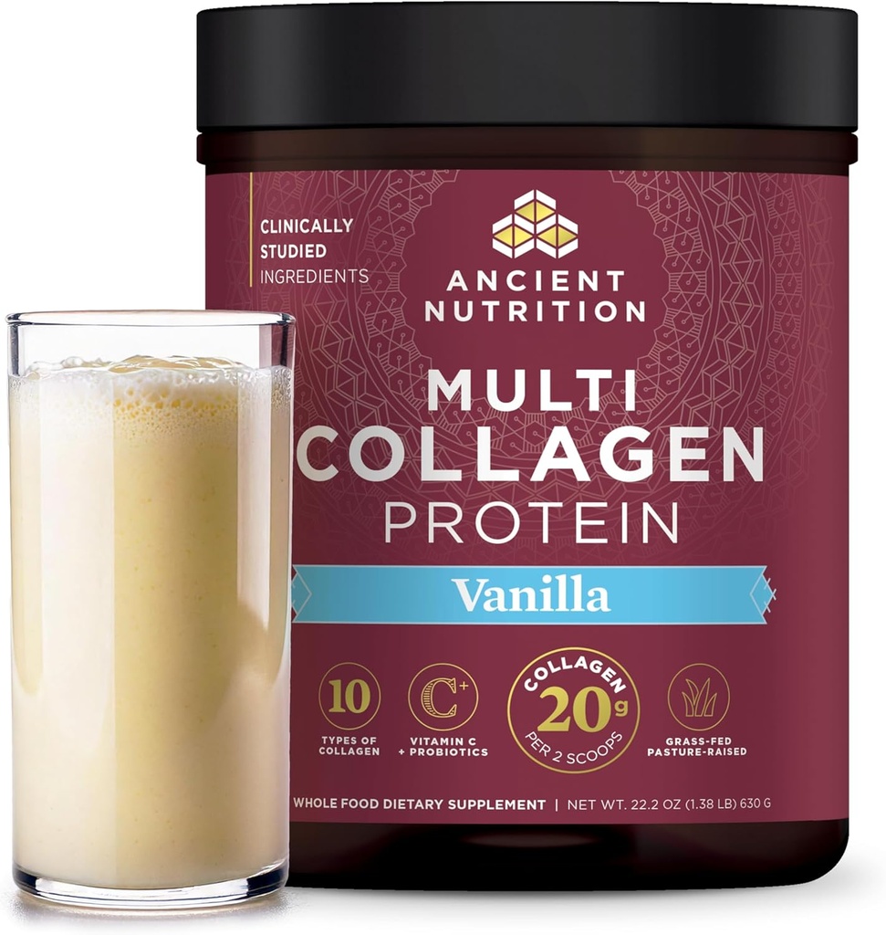 Eski Beslenme Kolajn, Toz, Multi Collagen protein, Kadınlar ve Erkekler, C vitamini, Probiyotikler, Hydrolyzed Collagen, Supports Skin, Ortaklar, Gut Health, Vanilla, 60 Hizmetler