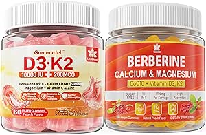 Βιταμίνη χωρίς ζάχαρη D3 K2 Gummies με ασβέστιο, κιτρικό μαγνήσιο, Gummys συμπλήρωμα βιταμίνης C + βερβερίνη, με λιποσωμική βερβερίνη & HCI βερβερίνης, ασβέστιο, μαγνήσιο