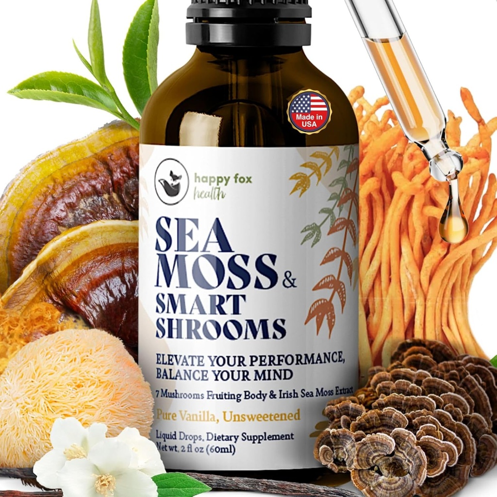 HAPPY FOX Irish Sea Moss Liquid Drops & Mushroom Tincture - Seamoss με 7 Adaptogenic Mushroom Extracts για Γνωστική Υποστήριξη & Υγεία Ούρων, Mushroom Coffee Elixir, Καθαρή Βανίλια Γεύση