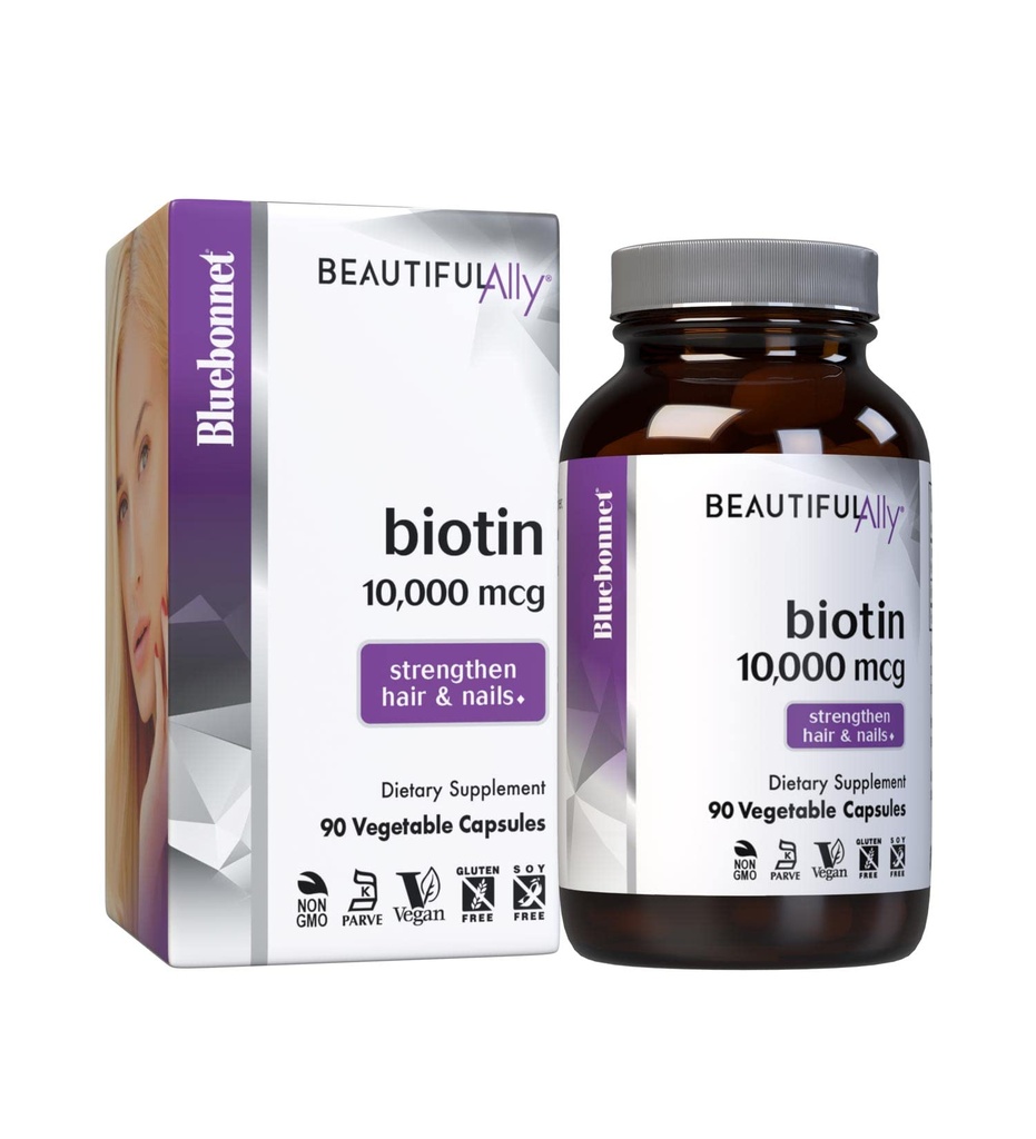 Bluebonnet Beslenme Güzel Ally Biotin 10.000 mcg, Saç ve Nails*, Non-GMO, Vegan, Kosher Sertifikalı, Gluten-Free, Soy-Free, 90 Sebze Kapsülleri, 90 Hizmet