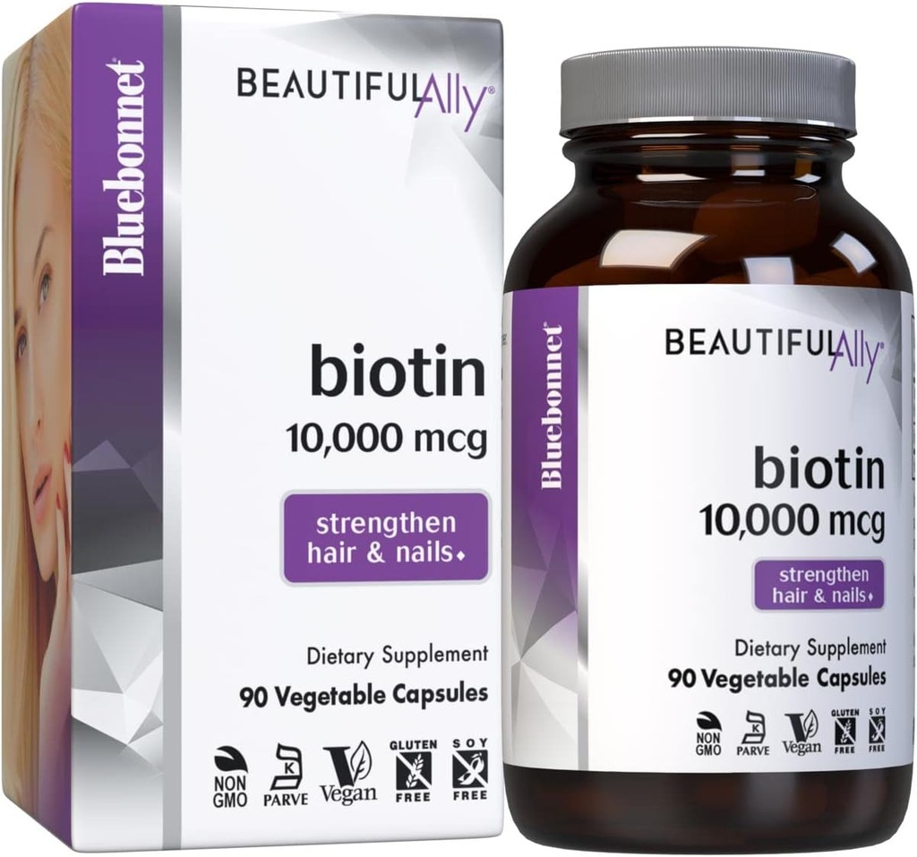 Bluebonnet Beslenme Güzel Ally Biotin 10.000 mcg, Saç ve Nails*, Non-GMO, Vegan, Kosher Sertifikalı, Gluten-Free, Soy-Free, 90 Sebze Kapsülleri, 90 Hizmet