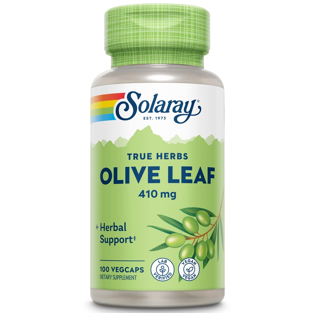 SOLARAY Olive Leaf Capsules 410 mg for Men & Women - Olive Leaf Herb Caps for Natural Herbal Support, Non GMO, Vegan - 100 Veg Caps