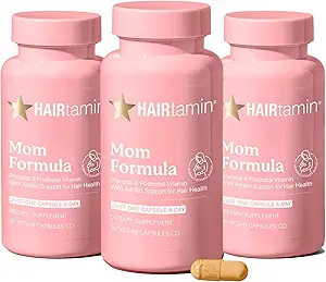 HAIRtamin MOM Vegan Προγεννητικές & μεταγεννητικές πολυβιταμίνες Κάψουλες & Βιταμίνες μαλλιών, Επιλόχειο, Θηλασμός, Καρφιά μαλλιών, και Βιταμίνες δέρματος για γυναίκες με βιοτίνη, ψευδάργυρο, σίδηρο (3-Pack)