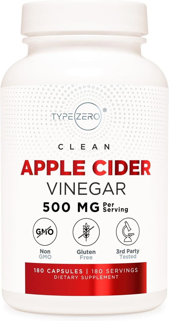 Type Zero Apple Cider Vinegar Capsules (180 Count) 500mg Per Serving - Non-GMO, Gluten-Free Supplement
