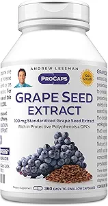 ANDREW LESSMAN Grape Seed Extract 360 Capsules - 100 mg Standartlaştırılmış Ekstraksiyon, Anti-oksi, Neutralizes Damaging Free Radikals, Supports Health Circulation. Koruyucu Polifenollerde Zengin