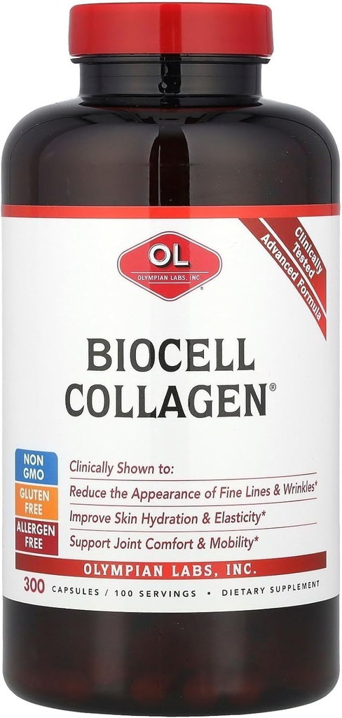 Olympian Labs Biocell Collagen II 1500mg Συμπληρώματα καψακίων Μη ΓΤΟ, Χωρίς γλουτένη, Χωρίς αλλεργιογόνα - Υποστηρίζει το δέρμα και την κοινή υγεία και την παραγωγή κυττάρων - Μαζική 300 κάψουλες (100 Ημέρα προσφοράς)