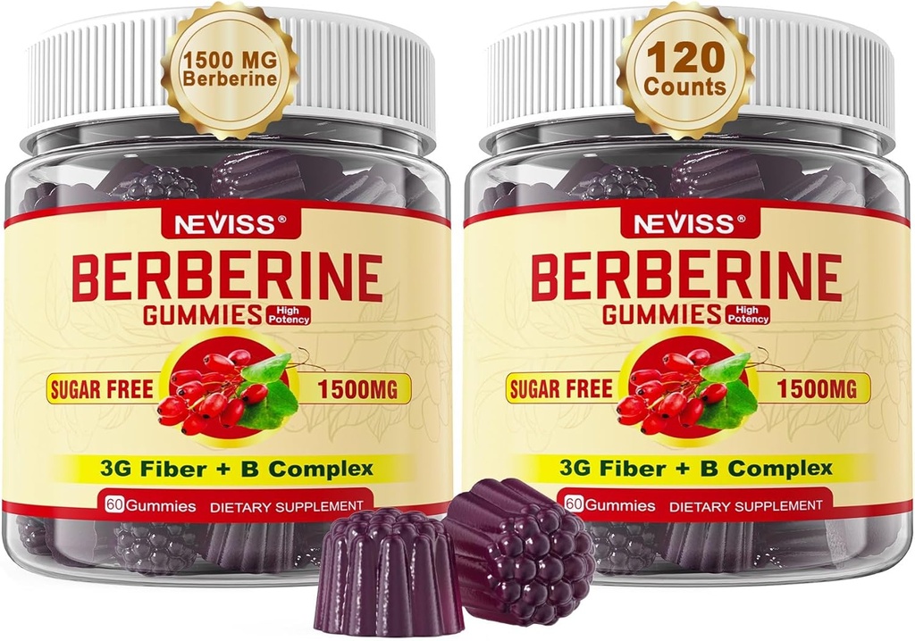 NEVISS Berberine Supplement 1500 mg, 3G Prebiyotik Fiber, B1 B3 B6, Sugar Free Berberine HCL Gummies for Women and Men - Supports Immune System, Digestive, 2pack 120 Cts