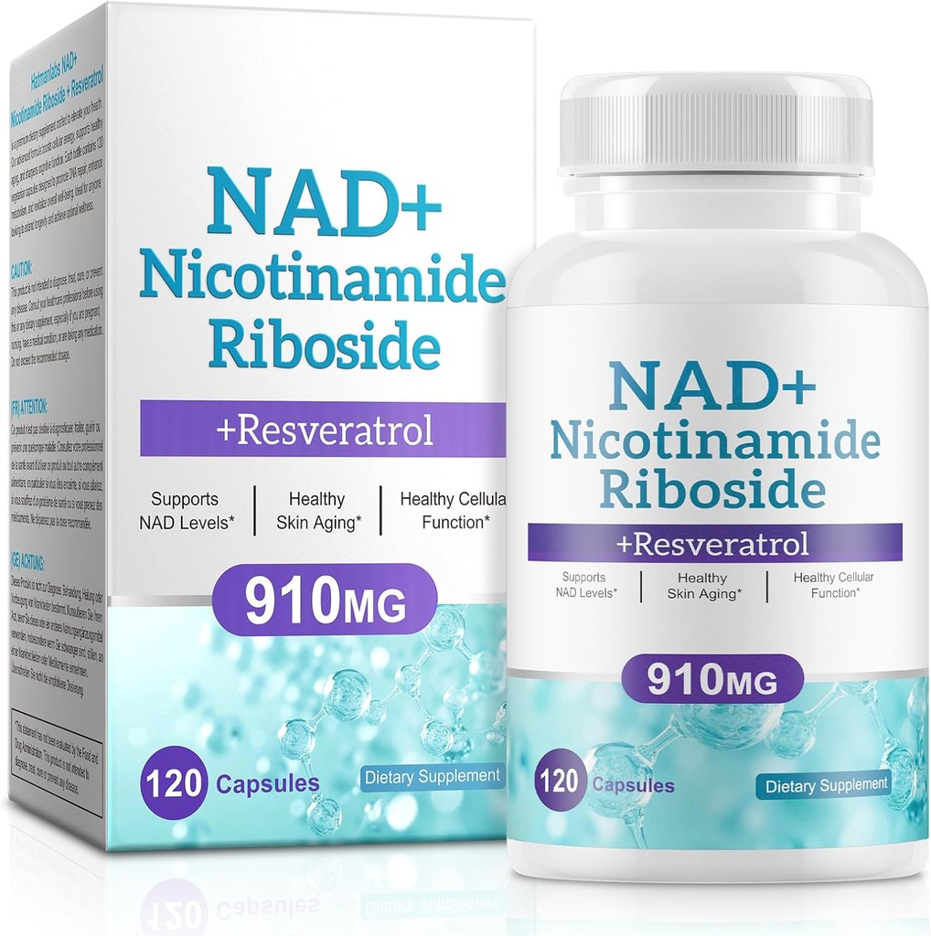 Erkekler ve Kadınlar için NAD Supplement - Liposomal Nicotinamid Riboside, Quercetin, NAD+ Resveratrol 910 mg ile Tamam - Destekler Kas, Beyin, Enerji, 120 Capsules