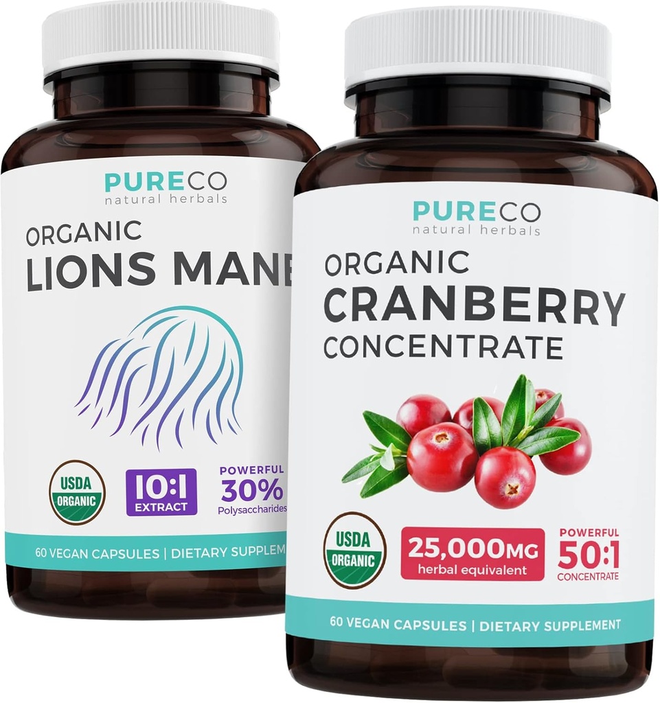 Εξοικονομήστε $4 (12% off) - Mind & Body Bundle - Βιολογικό συμπύκνωμα Cranberry (50:1 Συμπύκνωμα - Ισούται 25.000mg Fresh Cranberries) και Βιολογικά Lions Mane (10:1 Extract - Ίσα 10.000mg Μανιτάρια)