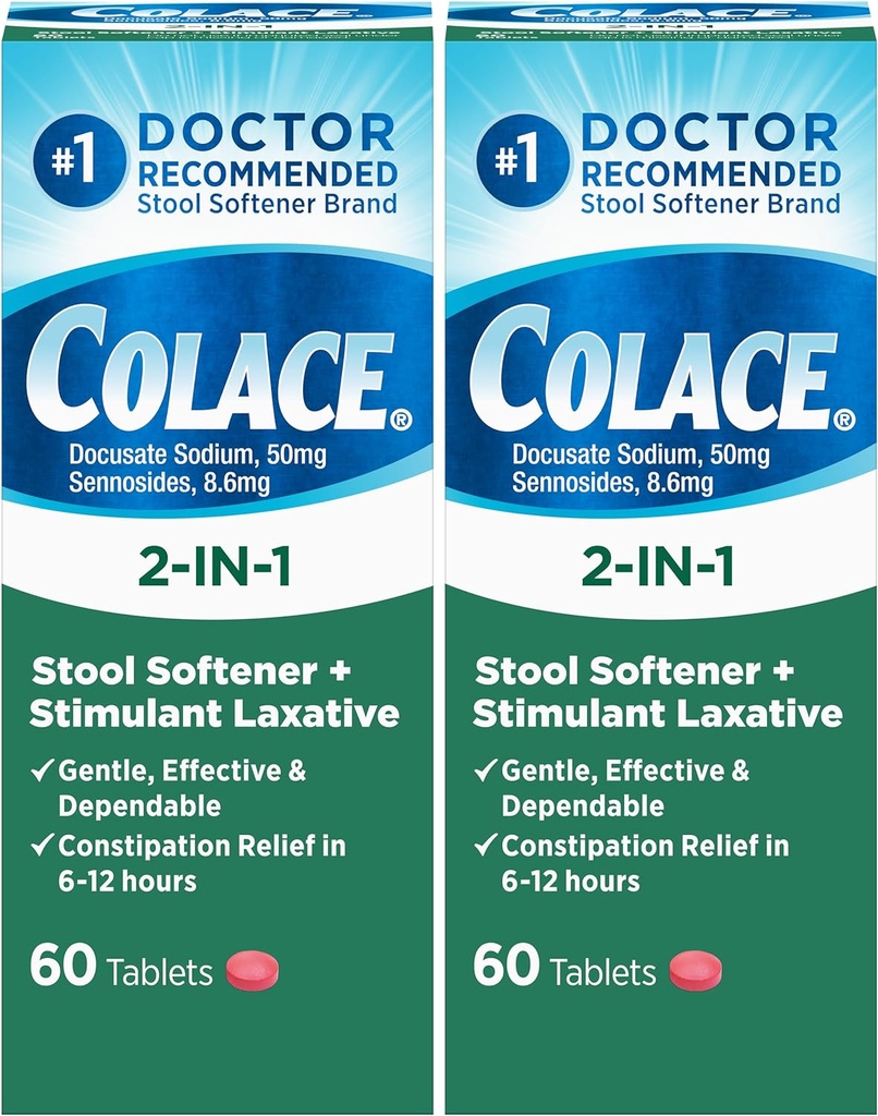 Colace 2in-1 Stool Softener Plus Stimulant Laxative for Gentle effective Constipation Relief, Docusate sodyum Plus Sennosides, 60 (Pack of 2)