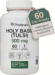 PRISTINE'S Holy Basil Capsules - 500 mg Gluten Free Immunity & Relaxation Support Adaptogen Supplement - 60 Day Supply - Tulsi Holy Basil Leaf Capsules - Vegan - Non-GMOMO