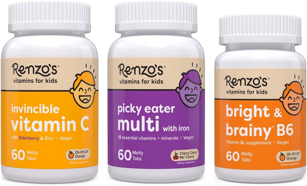 Renzo'nun Vitaminleri Okula Geri Döndü, Bright & Brainy Vitamin B6, Picky Eater Kids Multivitamin ve Kids C with Elderberry & çinko for Immune Support