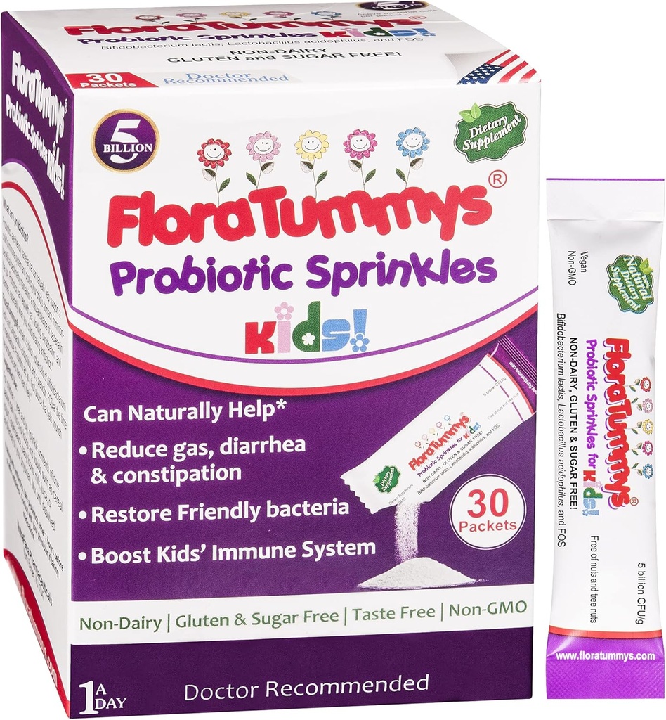 FloraTummys Probiotics for Kids: 30 Πακέτα σκόνης χωρίς γεύση, Χωρίς αλλεργιογόνα τροφίμων, Μη-Dairy, Χωρίς γλουτένη, Χωρίς ζάχαρη, Μη-GMO, Vegan