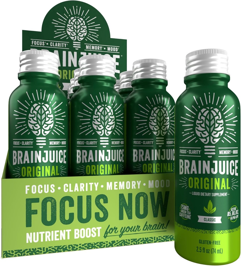 BrainJuice Focus & Energy Drink Shots, Nootropics with Alfa GPC, B Vitamins & Organic Green Tea Caffeine, Supports Focus, Memory & Clarity, Non-GMO, Gluten Free, Classic, 2.5 fl oz, 12 Pack