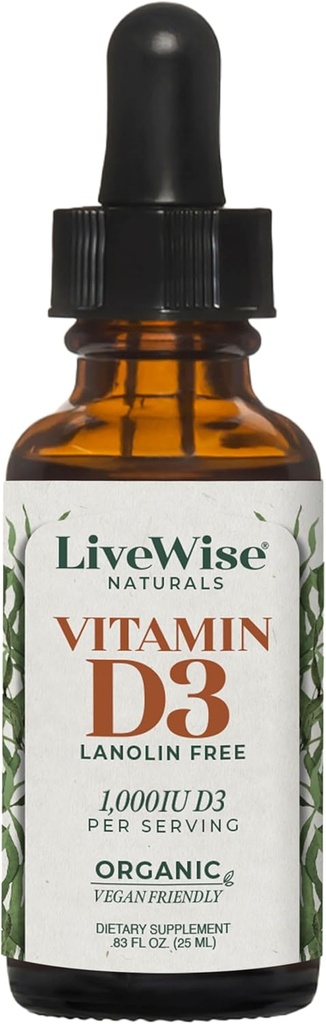 LiveWise Naturals Organic D3 Liquid Drops, Vegan, Non-GMO, Plant-Based, 200 IU per Drop, Supports Immune, Bone, and Mood Health, Easy-to-Absorb, MCT Oil 1000 IU