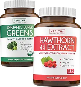 Super Greens & Hawthorn Extract (3-Month Supply) Super Berry Blend Bundle of Organic Super Greends Powder - Complete Superfood & Hawthorn Berry 4:1 Extract - High Strength Extract (180 Capsules)
