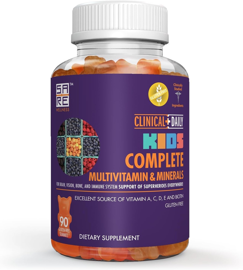 Klinik Daily Complete Kids Multivitamin Daily Gummy Supplement for Brain, Vision, Bone and Immune Health. A, C, E,D,B6,B12, Folate, Biotin, Essential Mineraller. 90 Gluten Free Yummy Gummies