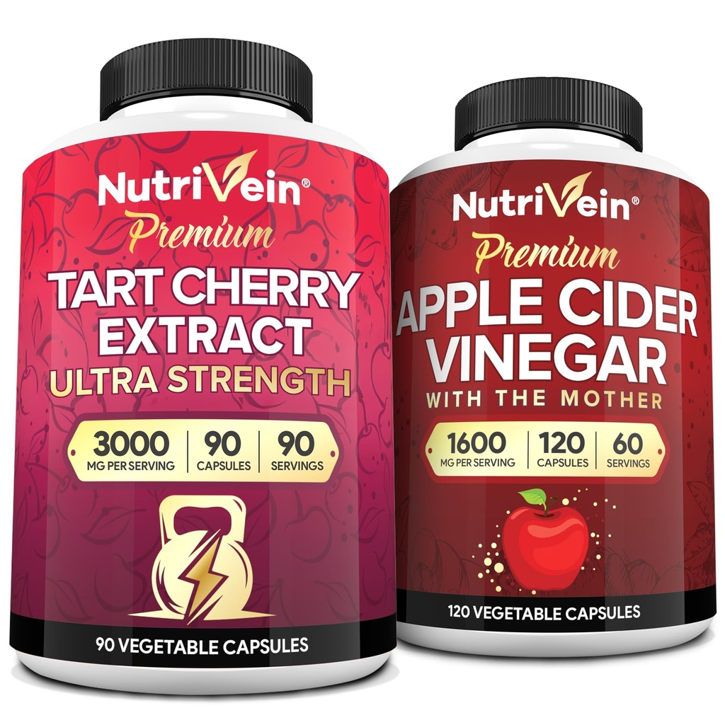 Nutrivein Premium Tart Cherry 500 mg & Apple Cider Vinegar 1600 mg Sche - Muscle Recovery & Uric Acid Cleanse Plus Digestion Support & Kilo Management - Non-GMO, Vegan/Vegetarian - 90 + 120 Pills