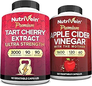 Nutrivein Premium Tart Cherry 500mg & Apple Cider Vinegar 1600mg Bundle - Muscle Recovery & Uric Acid Cleanse Plus Digestion Support & Weight Management - Non-GMO, Vegan/Vegetarian - 90 + 120 Pills