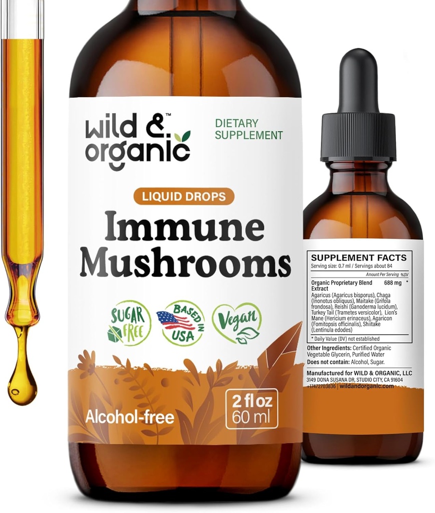 Wild & Organic Immune Mushrooms Tincture - 8in-1 Mushroom Kompleks with Chaga, Türkiye Tail, Lion's Mane, Reishi Extract - Immune Support Drops - Vegan, Sugar & Alkol Ücretsiz Sıvı Supplement - 2 fl oz