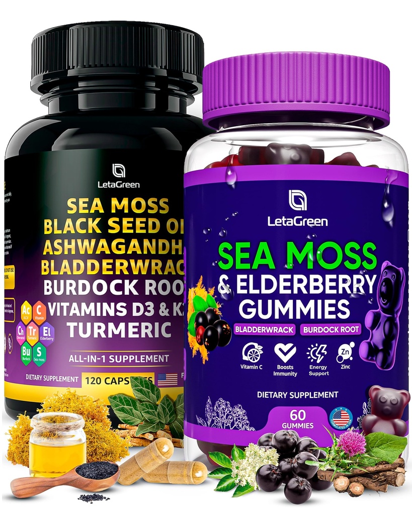 Sea Moss Κάψουλες + Gummies Bundle, 60 Irish Sea Moss Gummies + 120 Ocean Wild SeaMoss Κάψουλες με Βιταμίνες και Ορυκτά