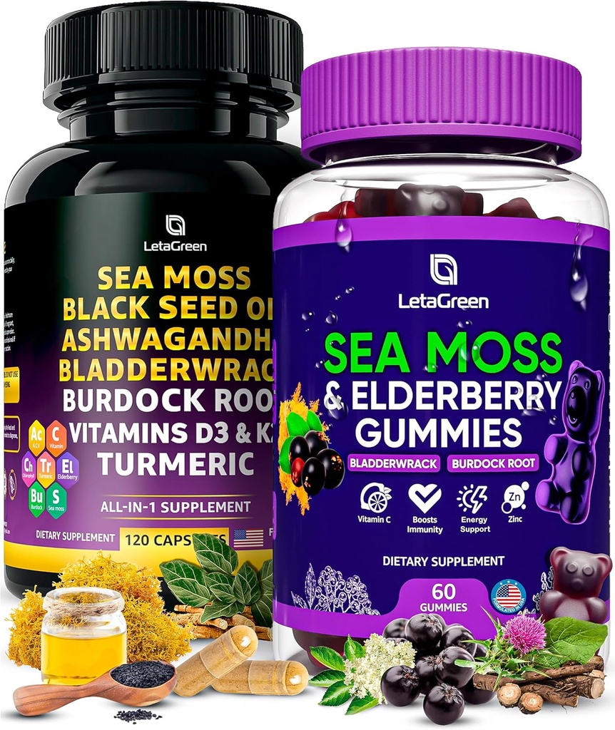 Sea Moss Capsules + Gummies Sche, 60 İrlandalı Deniz Moss Gummies + 120 Ocean Wild SeaMoss Capsules with Vitamins and Minerals