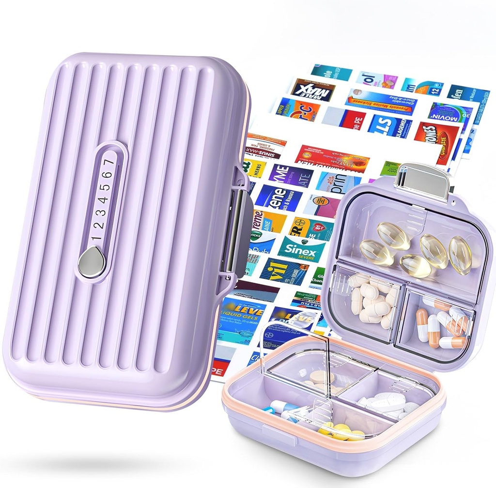 Travel Pill Organizer Box with Medicine Labels, 2Pack 7 Compartments Portable Pill Case, Daily Medication Organizer Storage Pill Container for Pocket Pharmacy(Purple, S+L 2pack)