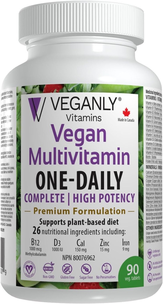Vegan Multivitamin One-Daily, (90 Veg Tabletleri). Bitki bazlı, Vegan veya Vejetaryen Diyetler için tam Beslenme Desteği. B12 & D3'te Yüksek Potency ile 26 Essentials.
