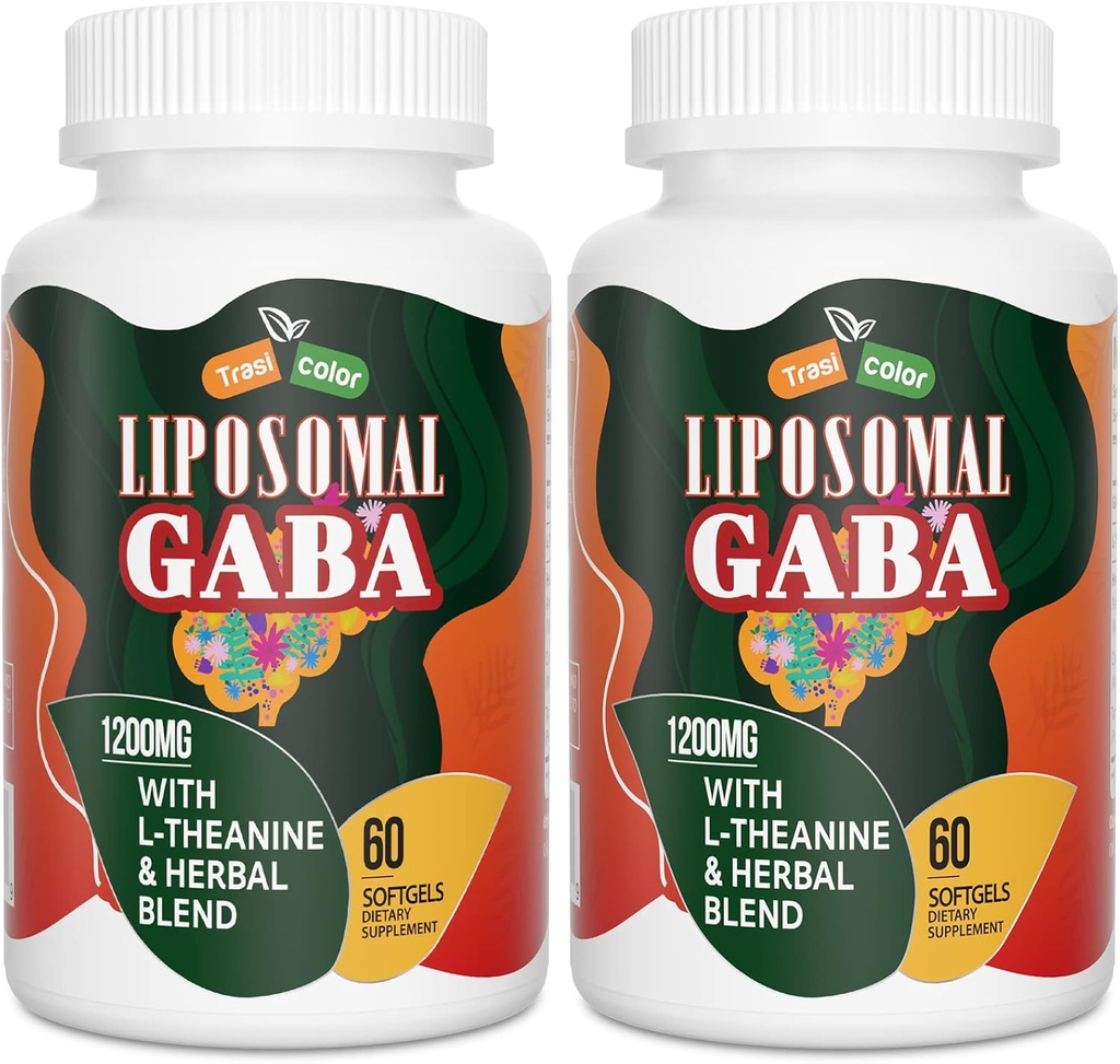 Liposomal GABA, L-Theanine Supplements 1200 mg - Ashwagandha, Chamomile, Tart Cherry Herbal Supplements for Men and Women, 120 Softgels