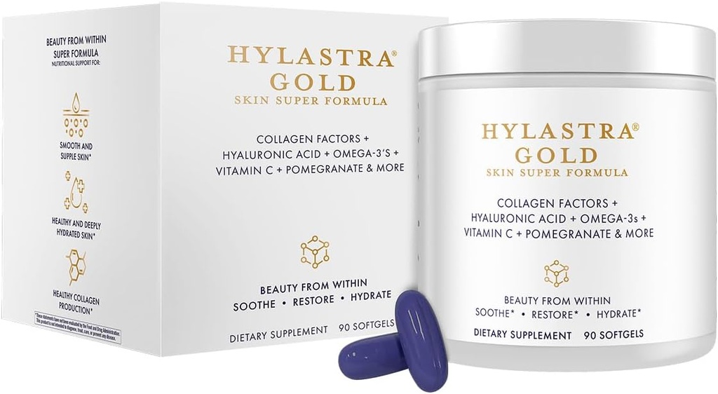Saf Ürünler Hylastra Gold Softgels Collagen + Hyaluronik Asit + Güzellik Güç Santral Malzemeler - Artan Skin Hydration & Elasticity - Güzel Hatları ve Wrinkles - 90 Softgels