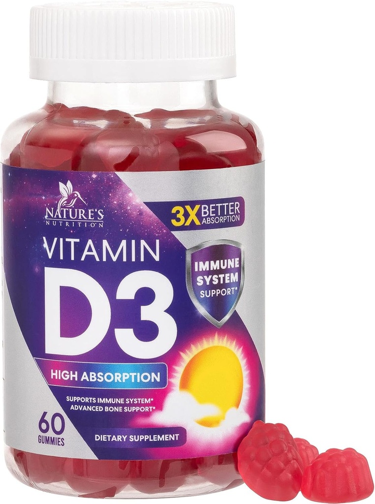 D3 Gummy 5000 IU (125 mcg) - Kadınlar ve Erkekler için Diyetsel Vitaminler D Tamam - Bone, Teeth, Muscle & Immune Health Support, High Potency VIT D3 Nature's Non-GMO & Gluten Free - 60 Gummies