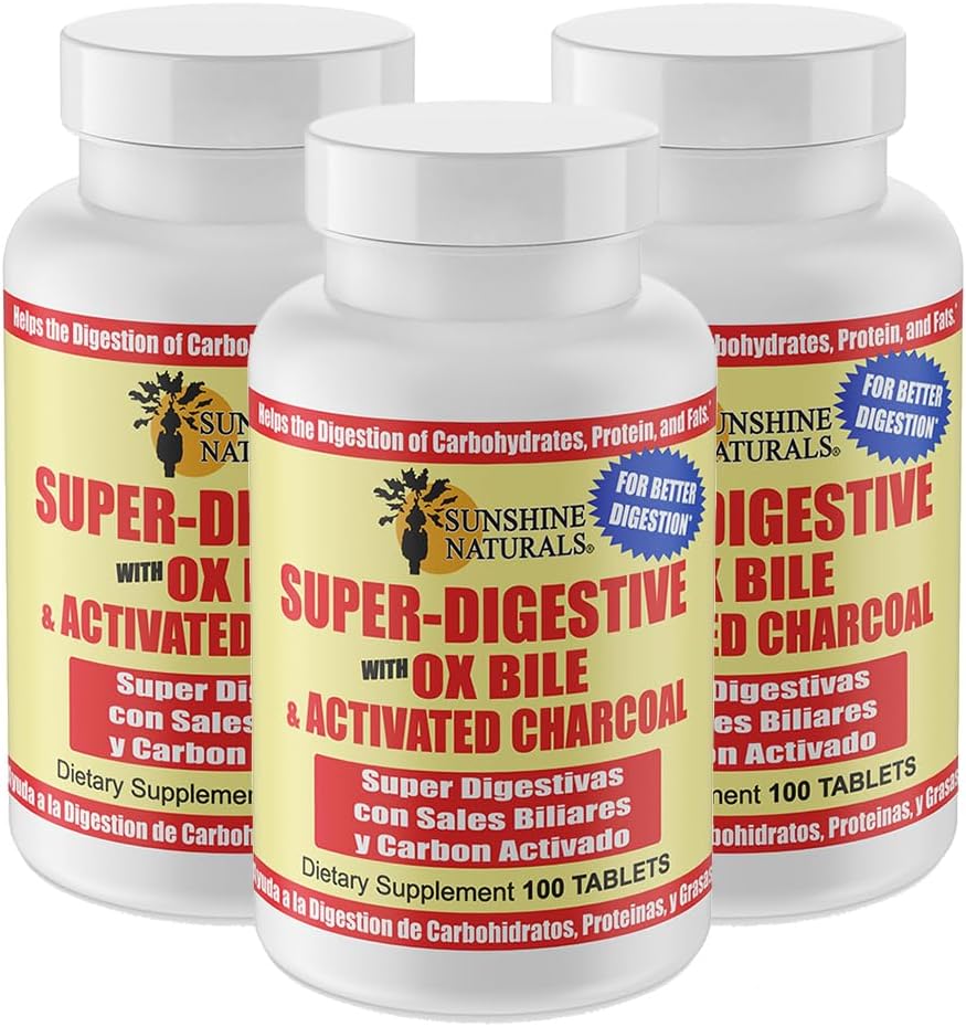 Sunshine Naturals Super Digestive Supplement. Ox Bile & Aktif Charcoal for Digestive Support, Bloating Relief, Gut Cleanse, Nutrient Abors ve genel Wellness için. 100 Tablet. Paket 3