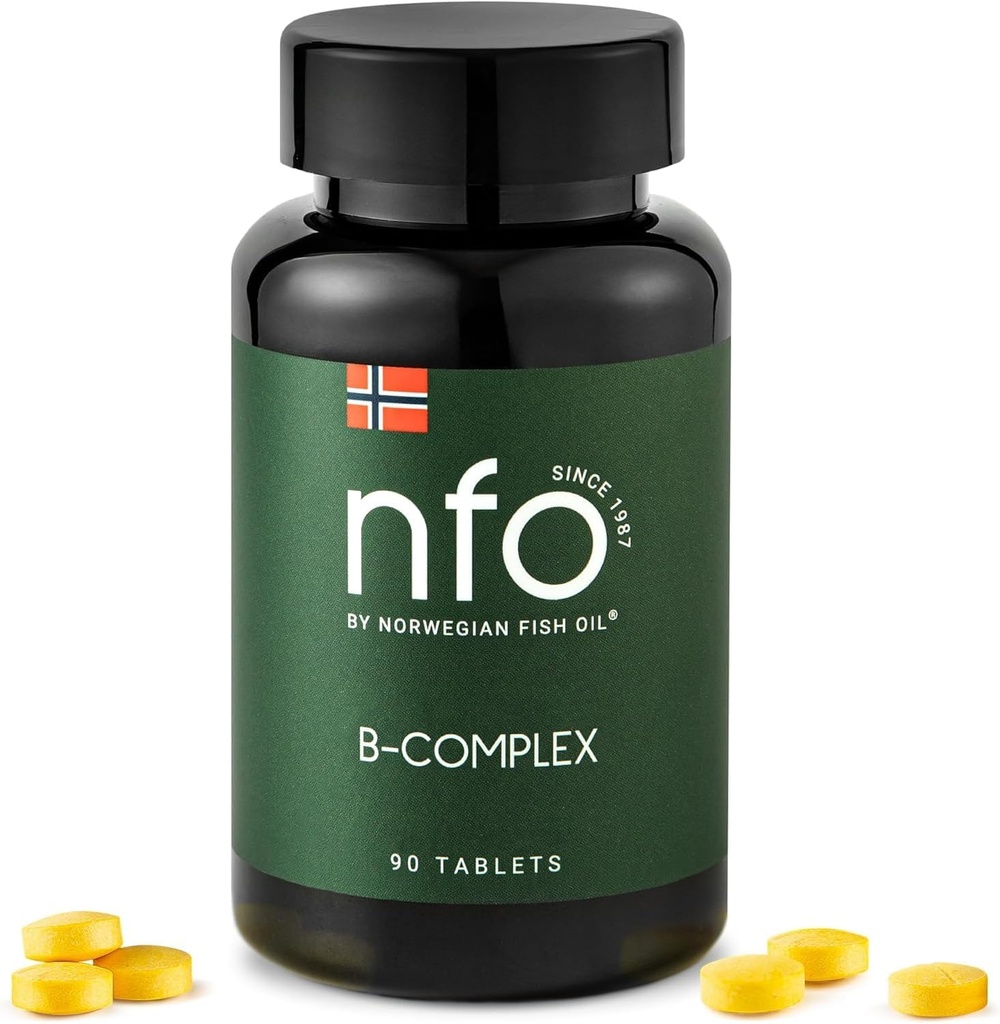 NFO Vitamin B Kompleksi [90 Tablet] Norveç Doğal Yüksek Dose Kompleksi Kolayca Accessible Form: B1, B2, B3, B5, B6, B9, Norveçli Kadınlar için B12
