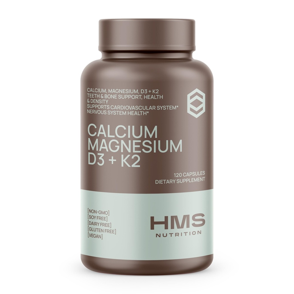 Kalsiyum, Magnezyum, D3 + K2 Kemik Sağlığı için, Immune Support, Bones & Dentaldis Supplement for Women & Men, Non-GMO, Gluten-Free, 120 Capsules
