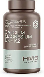 Calcium, Magnesium, Vitamins D3 + K2 for Bone Health, Immune Support, Bones & Teeth Calcium Supplement for Women & Men, Non-GMO, Gluten-Free, 120 Capsules