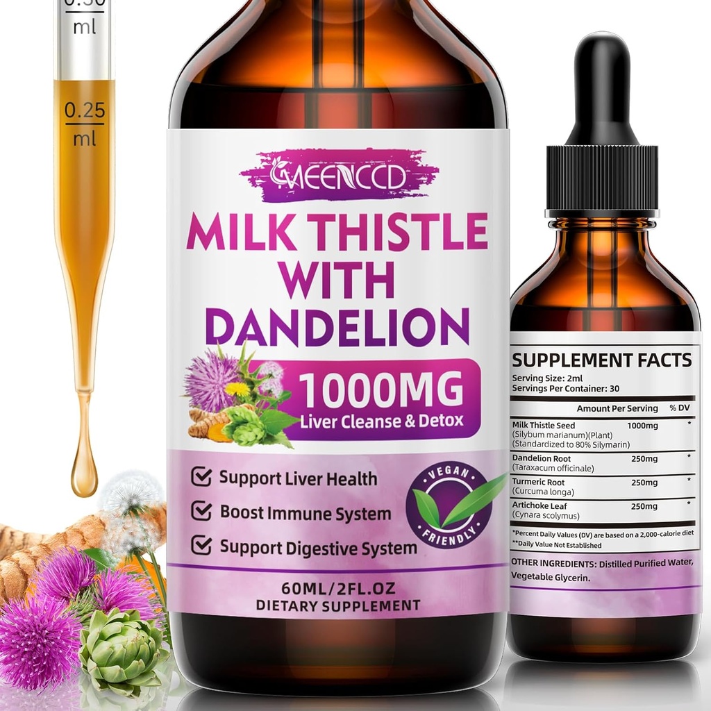 Milk Thistle Liquid Drops - Liver Cleanse Detox & Repair - 1000mg Milk Thistle Supplement for Liver Support, Silymarin Liver Supplement for Liver Health, Vegan, Non-GMO, 2 Fl Oz