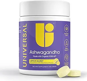 Ashwagandha KSM- 66 Chews - Daily Stres, Bilişsel Fonksiyonl ve Mood Destek Chewable Supplement, Highly Bio available Full Spectrum KSM66 Ashwagandha Root Extract, Calm & Relaxation - Lemon, 60 Count