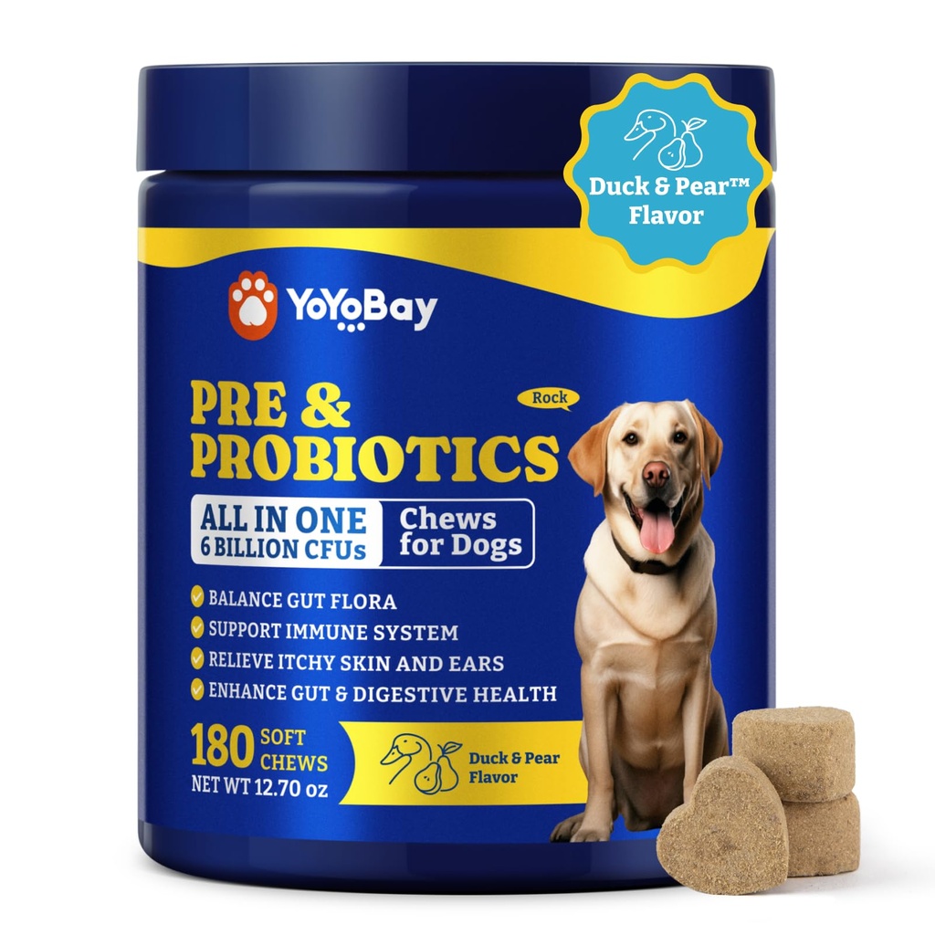 Köpekler için Probiyotikler - Digestive Health, Yeast, Itchy Skin, Gut Health, Immune & Skin - 6 Milyar CFUs, 180 Soft Chews, Duck & Pear Flavor - Prebiyotiks & Digestive Enzymes