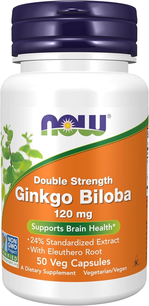 NOW Συμπληρώματα Τροφίμων, Ginkgo Biloba 120 mg, Διπλή Δύναμη, Μη ΓΤΟ Πρόγραμμα Επαληθευμένο, 50 κάψουλες Veg
