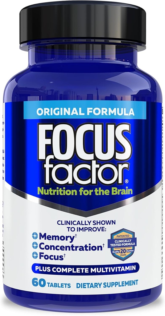 Beyin için Focus Factor Beslenme, Geliştirilmiş Memory & Concentration Brain Supplement, B6, B12, D, Bacopa Monnieri & Tyrosine, 60 Count