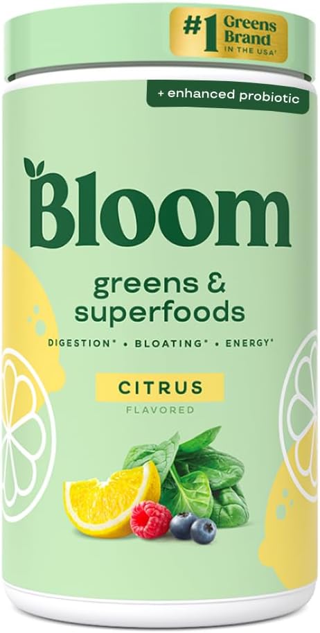 Bloom Beslenme Superfood Greens Toz, Probiyotikler ve Prebiyotiklerle Digestive Enzymes, Gut Health, Kadınlar için Bloating Relief, Chlorella, Green Juice Mix with Beet Root Toz, 60 SVG, Citruss