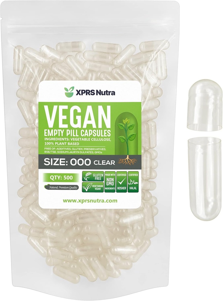 XPRS Nutra Vegan Boyutu 000 Boş Kapsüller - 500 Kont Clear Boş Vegan Vejetaryen Boş Pill Capsules - DIY - Veggie Caps Pills