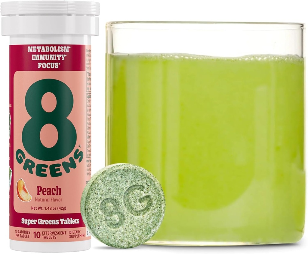 8Greens Supergreens Tabletleri | Super Greens Toz Superfood Tablet, Metabolism Immunity & Focus, Daily Greens Effervescent Tabletleri, Organik: Aloe Vera, Spirulina, Chlorella, Peach, 10 Hizmet