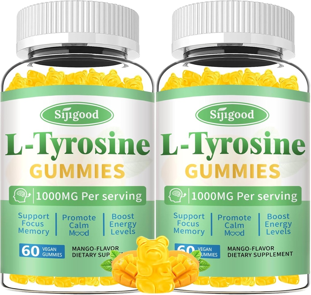 Yetişkinler ve Çocuklar için L-Tyrosine Gummies - 1000 mg L-Tyrosine Supplement Focus Gummies for Brain, Mood, Energy Support, Vegan & Gluten-Free, Mango Flavor, 120 Kont
